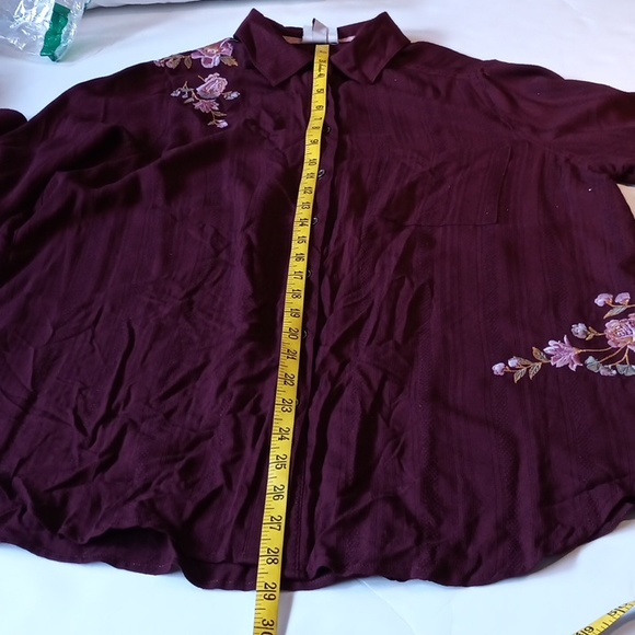 Sz L Know Rose Embroidered Rose Long Sleeve Button Linen Blend Top - Picture 11 of 15